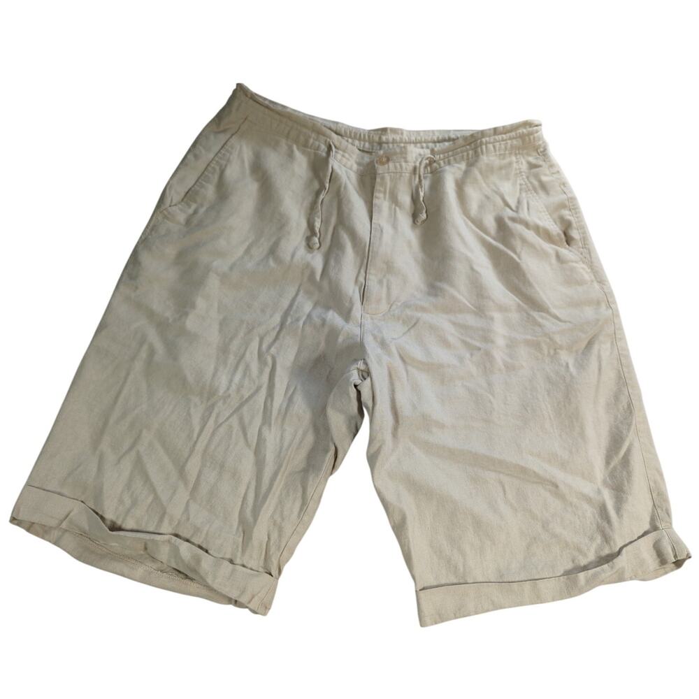 Trust USA Mens 2XL 40-42 Beige Linen Rayon Drawstring Shorts Casual Relaxed